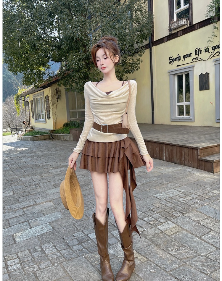 Retro Pseudo-two tops spicegirl spring skirt 2pcs set