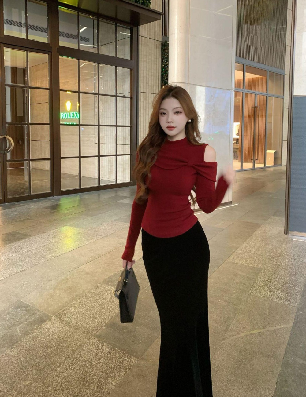 Half high collar winter red christmas bow long sleeve sweater