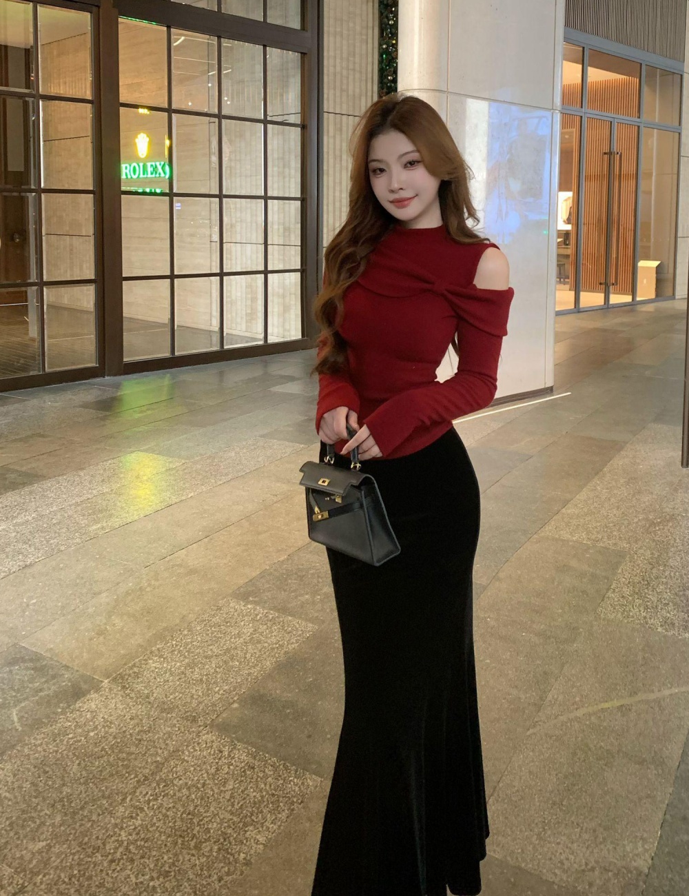 Half high collar winter red christmas bow long sleeve sweater