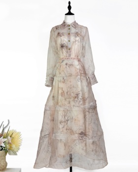 High waist printing shirt long retro skirt 3pcs set