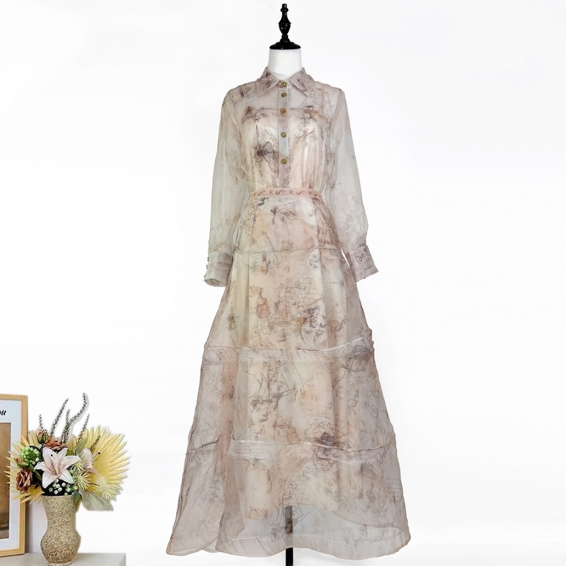 High waist printing shirt long retro skirt 3pcs set