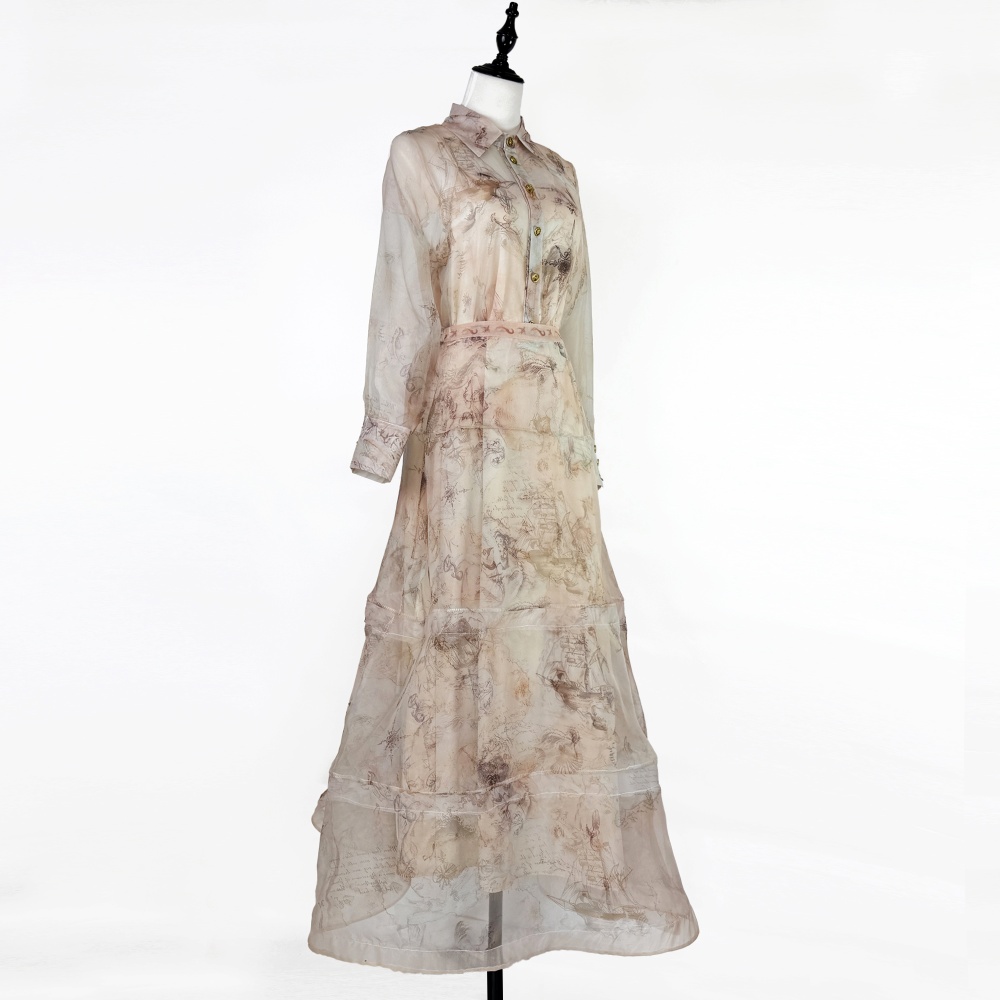 High waist printing shirt long retro skirt 3pcs set