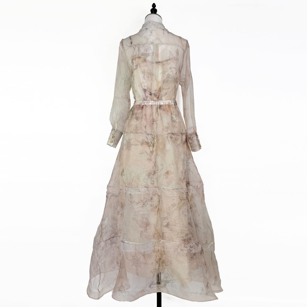 High waist printing shirt long retro skirt 3pcs set