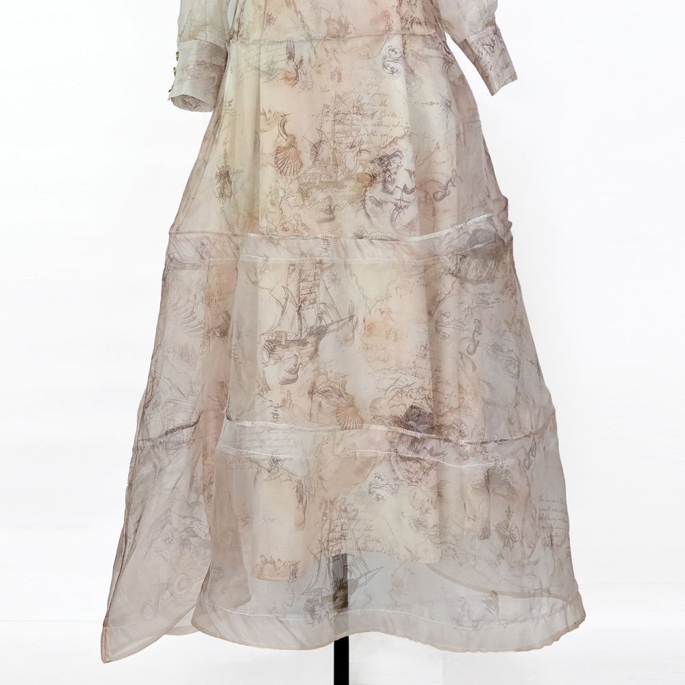 High waist printing shirt long retro skirt 3pcs set