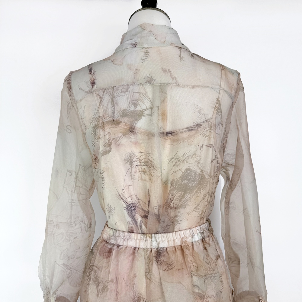 High waist printing shirt long retro skirt 3pcs set