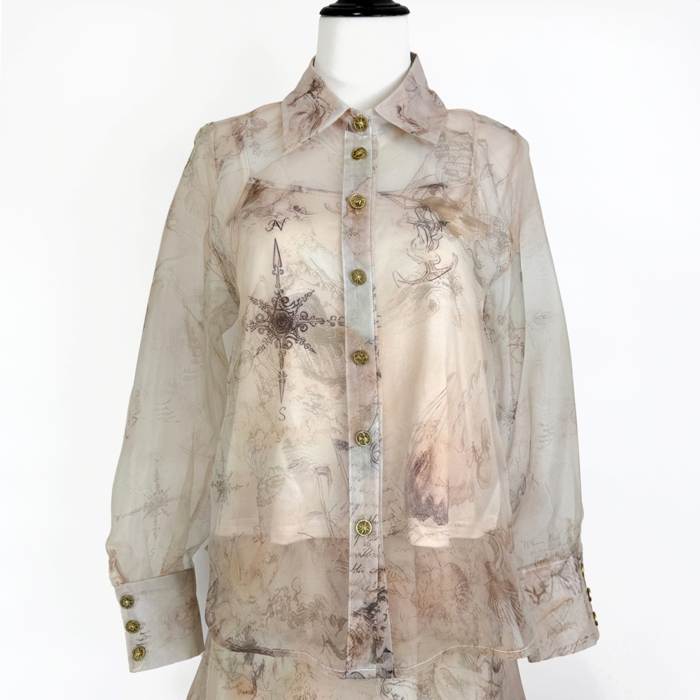 High waist printing shirt long retro skirt 3pcs set