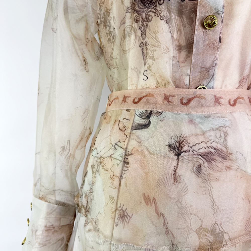 High waist printing shirt long retro skirt 3pcs set