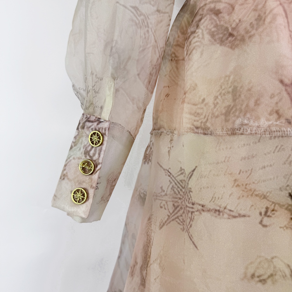 High waist printing shirt long retro skirt 3pcs set