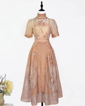 Short sleeve printing spring shirt hollow mermaid skirt