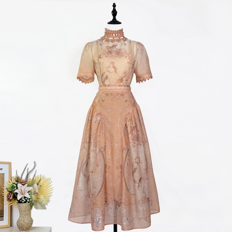 Short sleeve printing spring shirt hollow mermaid skirt