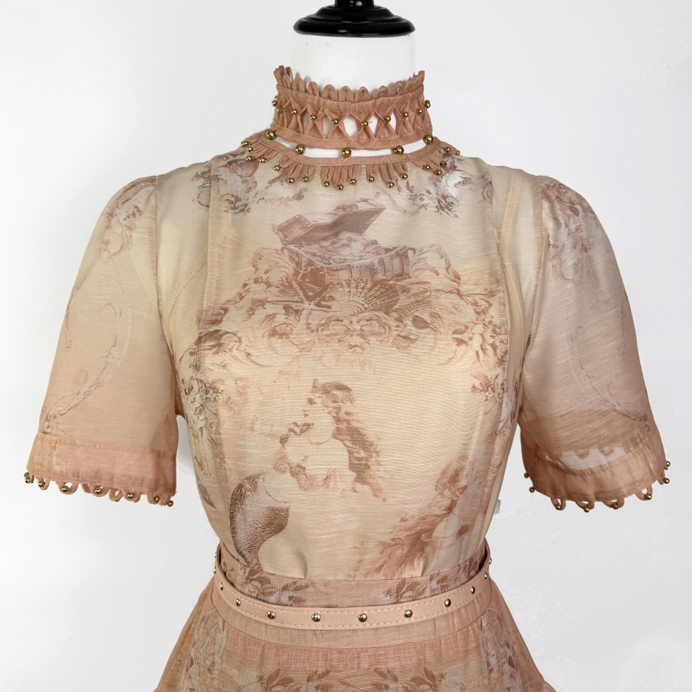 Short sleeve printing spring shirt hollow mermaid skirt