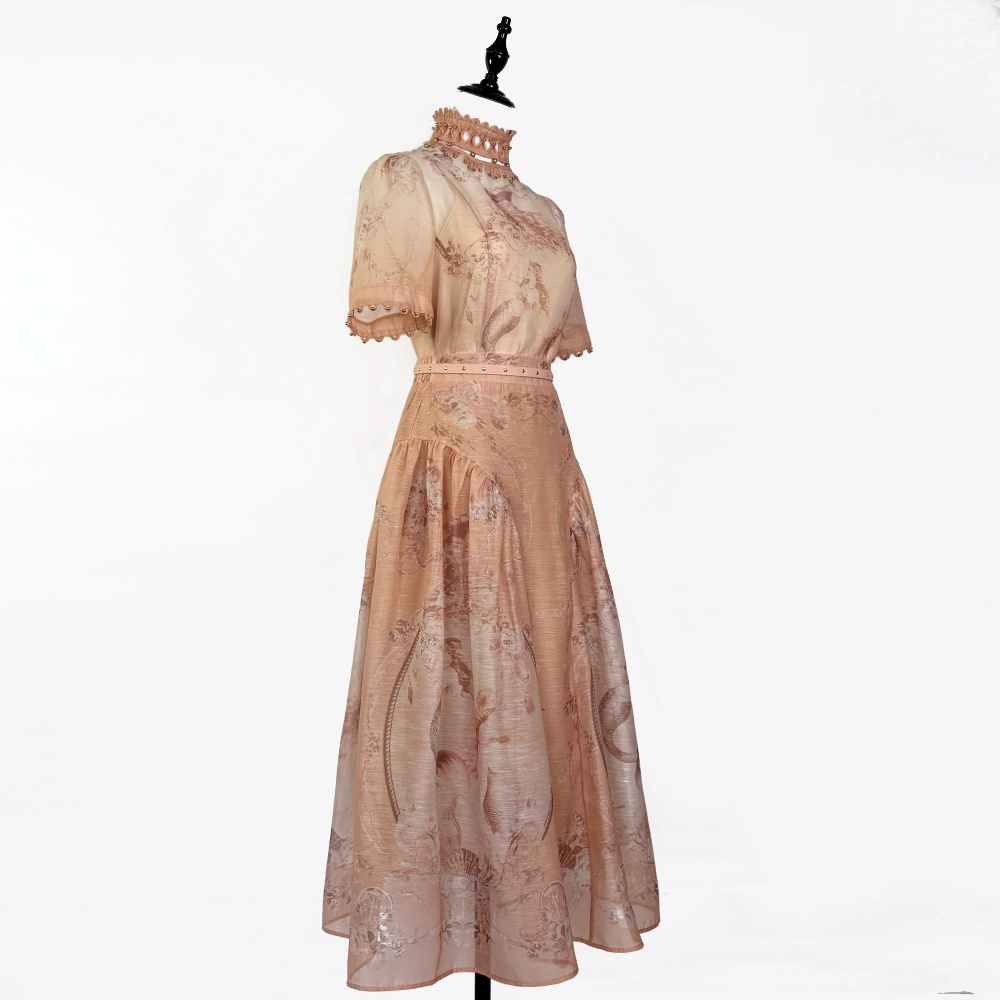 Short sleeve printing spring shirt hollow mermaid skirt