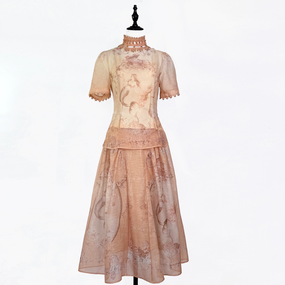 Short sleeve printing spring shirt hollow mermaid skirt