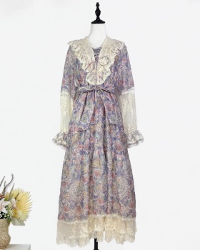 Vacation floral splice dress long sleeve loose long dress