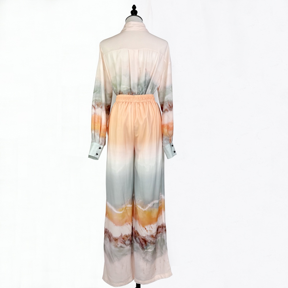 Printing long sleeve long pants Casual blue shirt a set