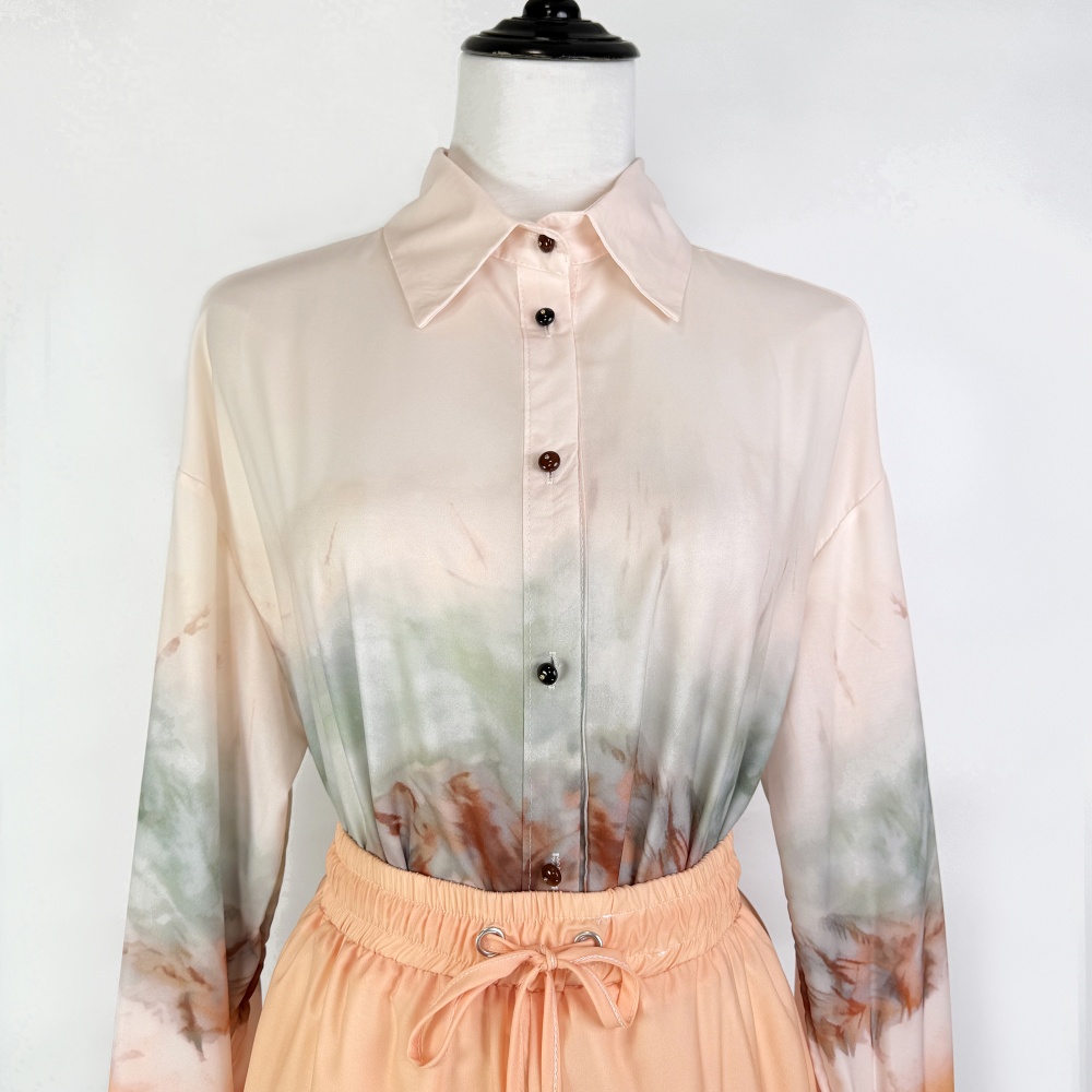 Printing long sleeve long pants Casual blue shirt a set