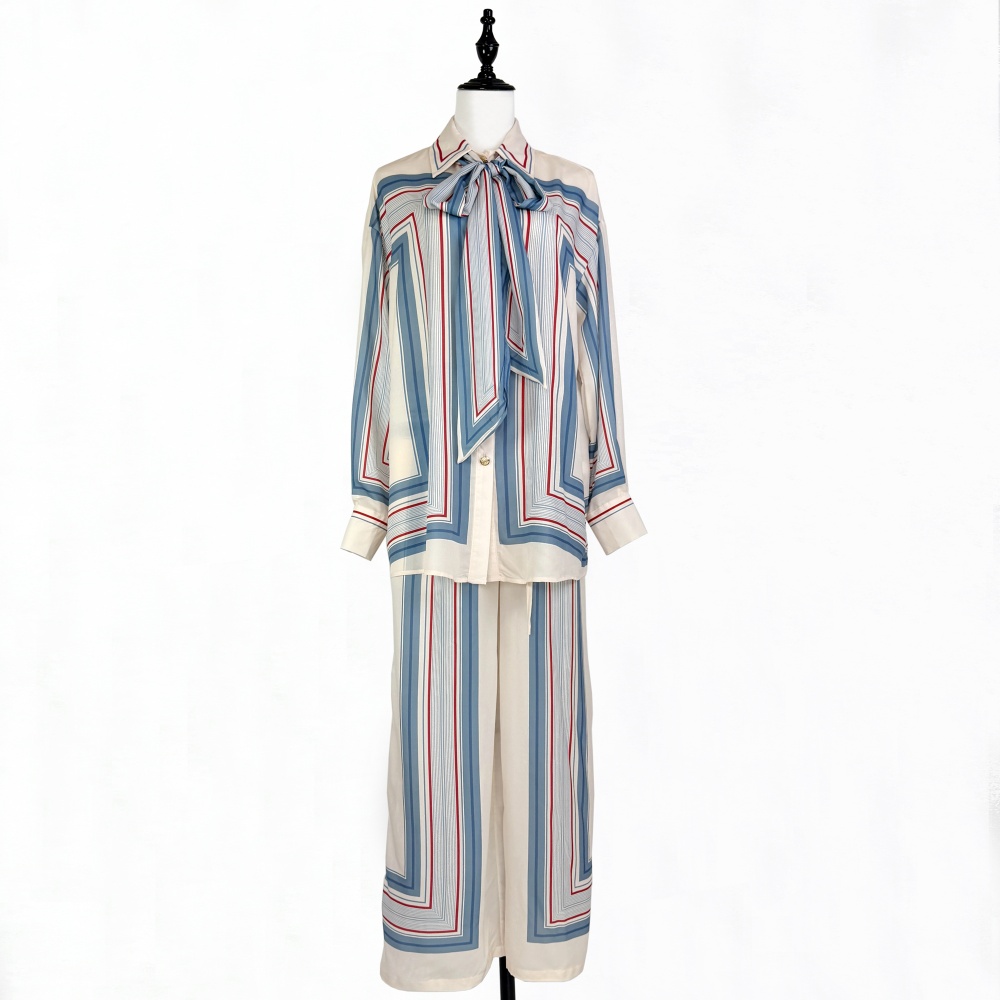 Printing long sleeve long pants Casual blue shirt a set