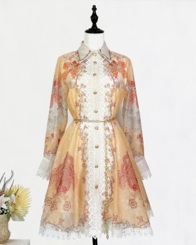 Short spring and summer stitching retro lapel dress