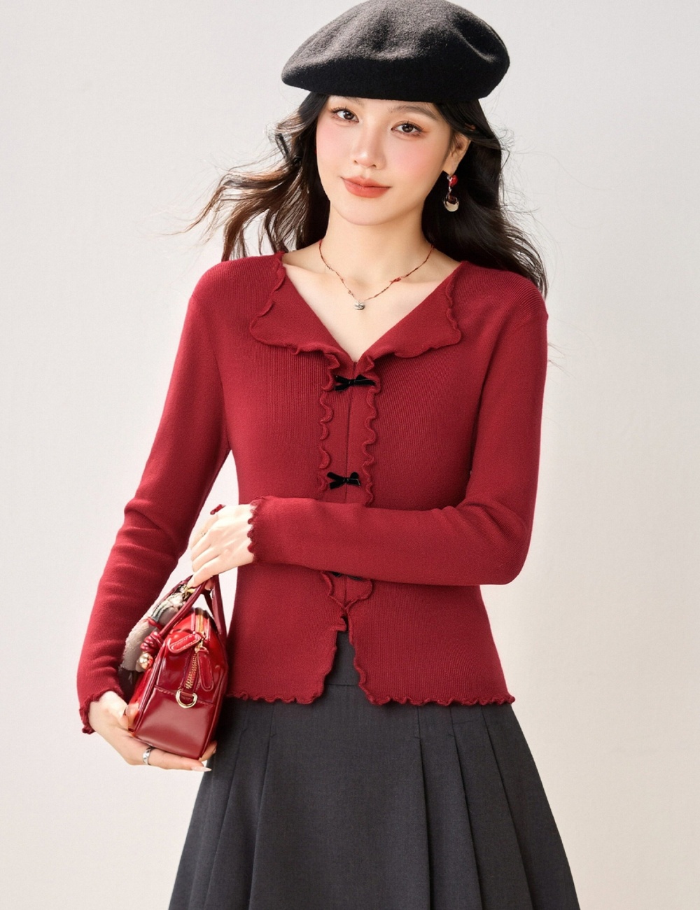 Bow bottoming sweater autumn and winter wood ear tops