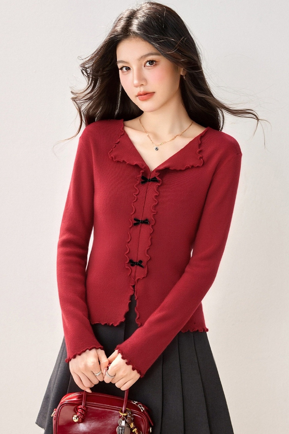 Bow bottoming sweater autumn and winter wood ear tops