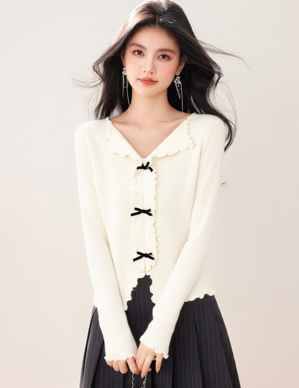 Bow bottoming sweater autumn and winter wood ear tops