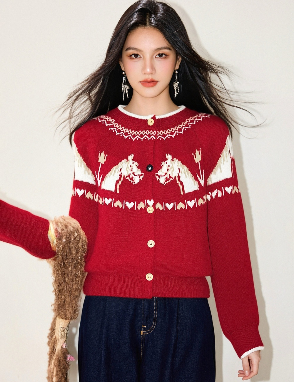 Slim spring tops pony long sleeve sweater