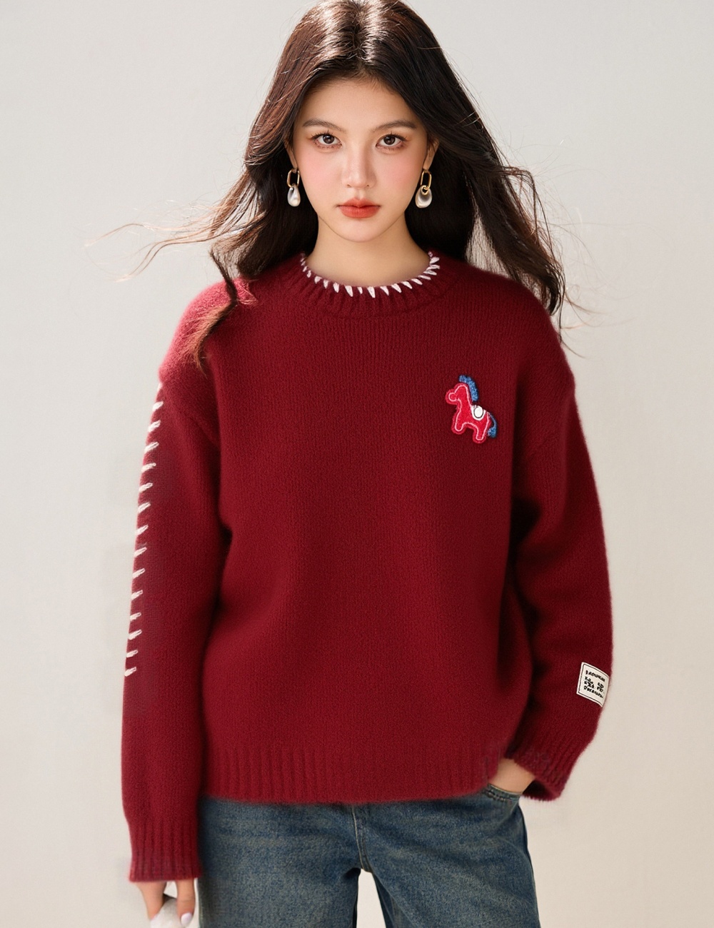Pony mixed colors spring tops splice winter sweater for women