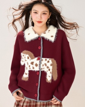 Jacquard red pony tops spots spring cardigan