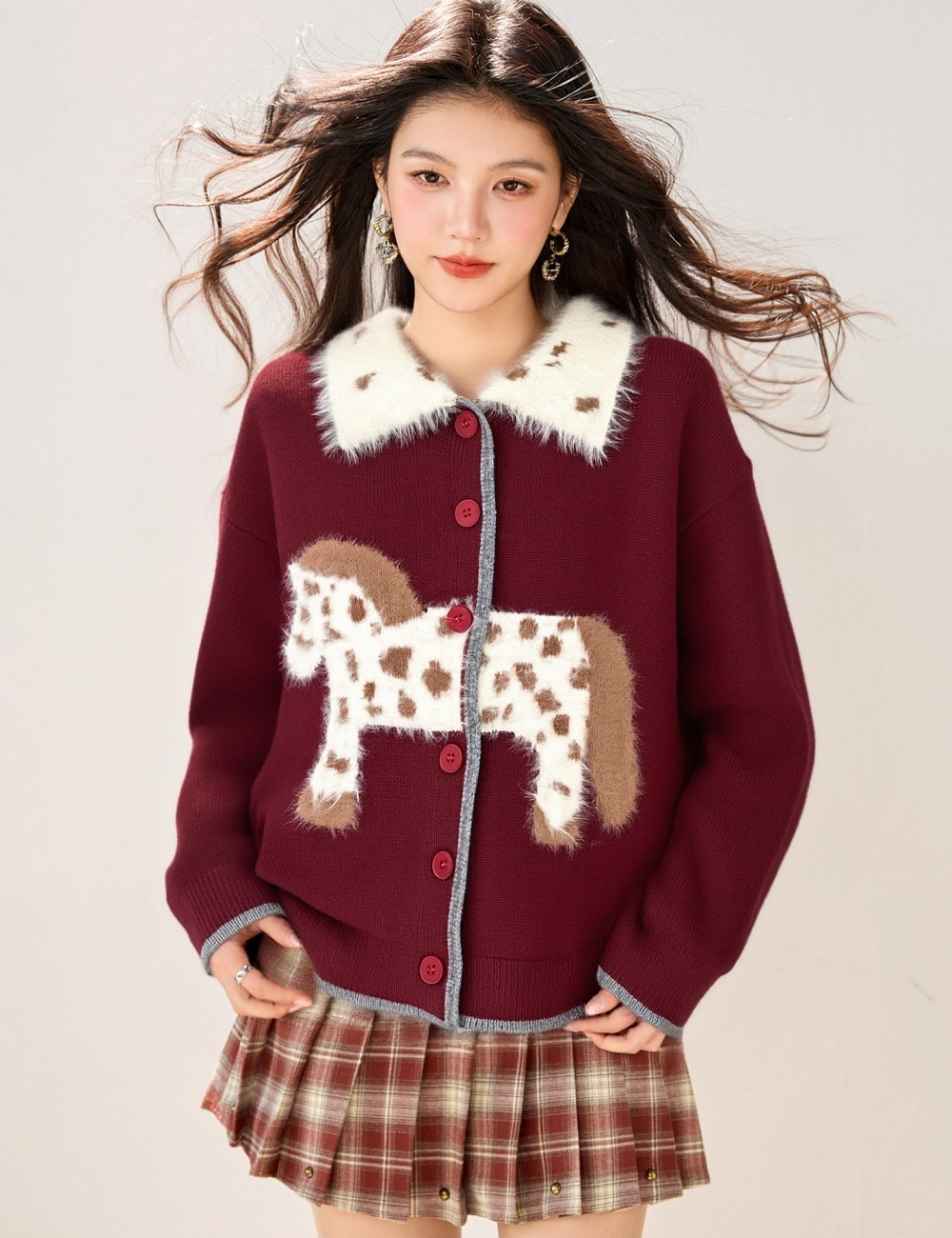 Jacquard red pony tops spots spring cardigan