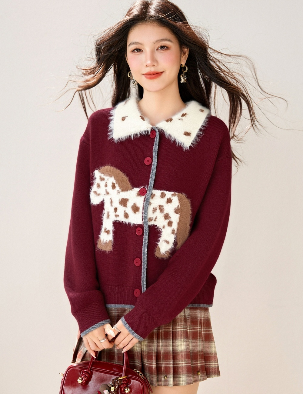Jacquard red pony tops spots spring cardigan