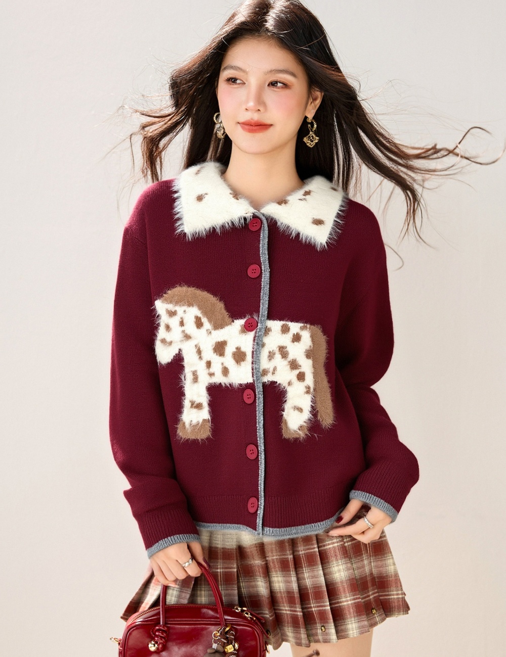 Jacquard red pony tops spots spring cardigan