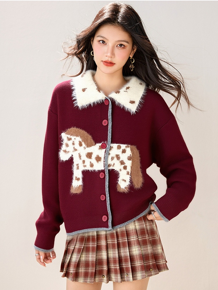 Jacquard red pony tops spots spring cardigan
