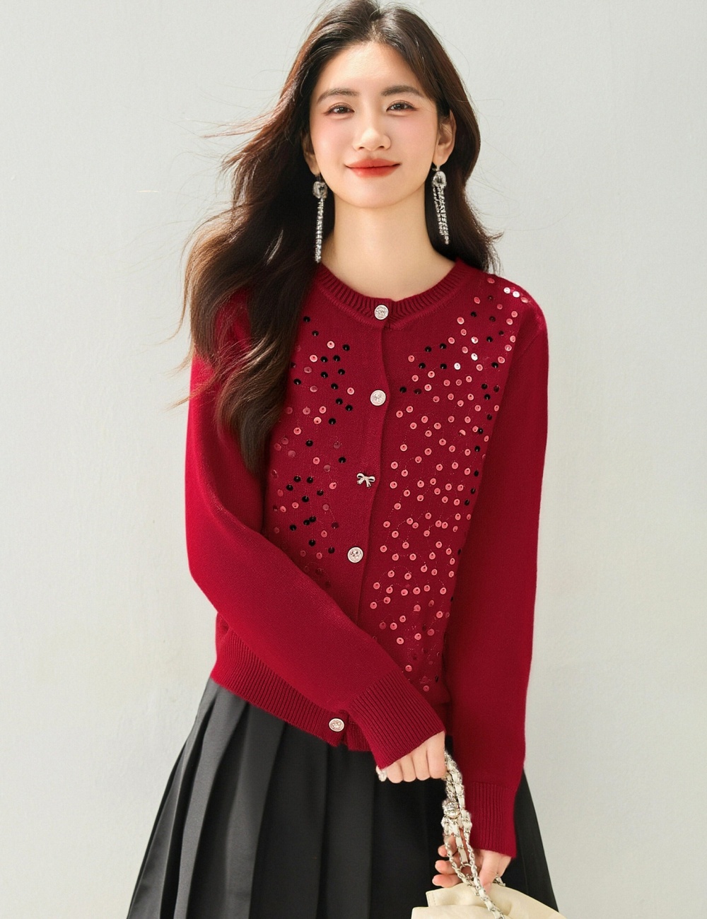 Temperament spring tops round neck knitted cardigan