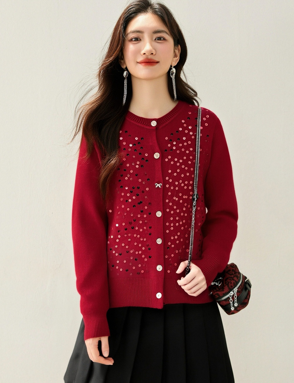 Temperament spring tops round neck knitted cardigan