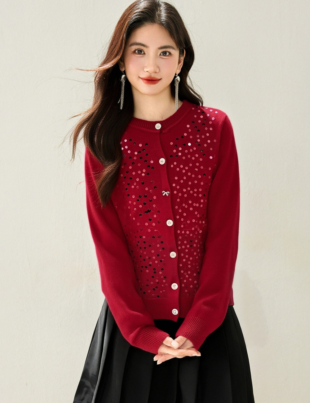 Temperament spring tops round neck knitted cardigan