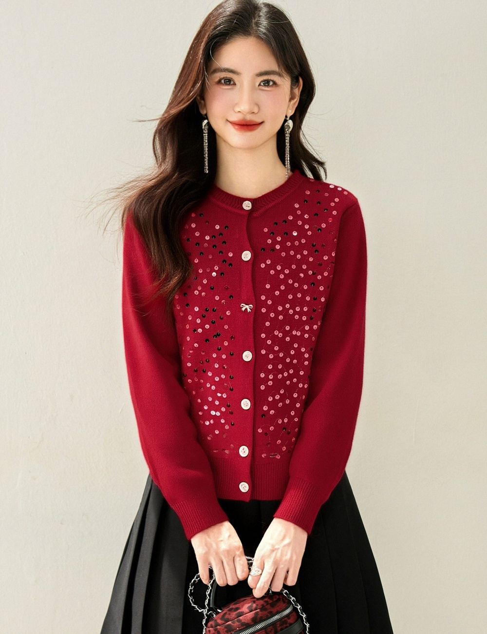 Temperament spring tops round neck knitted cardigan