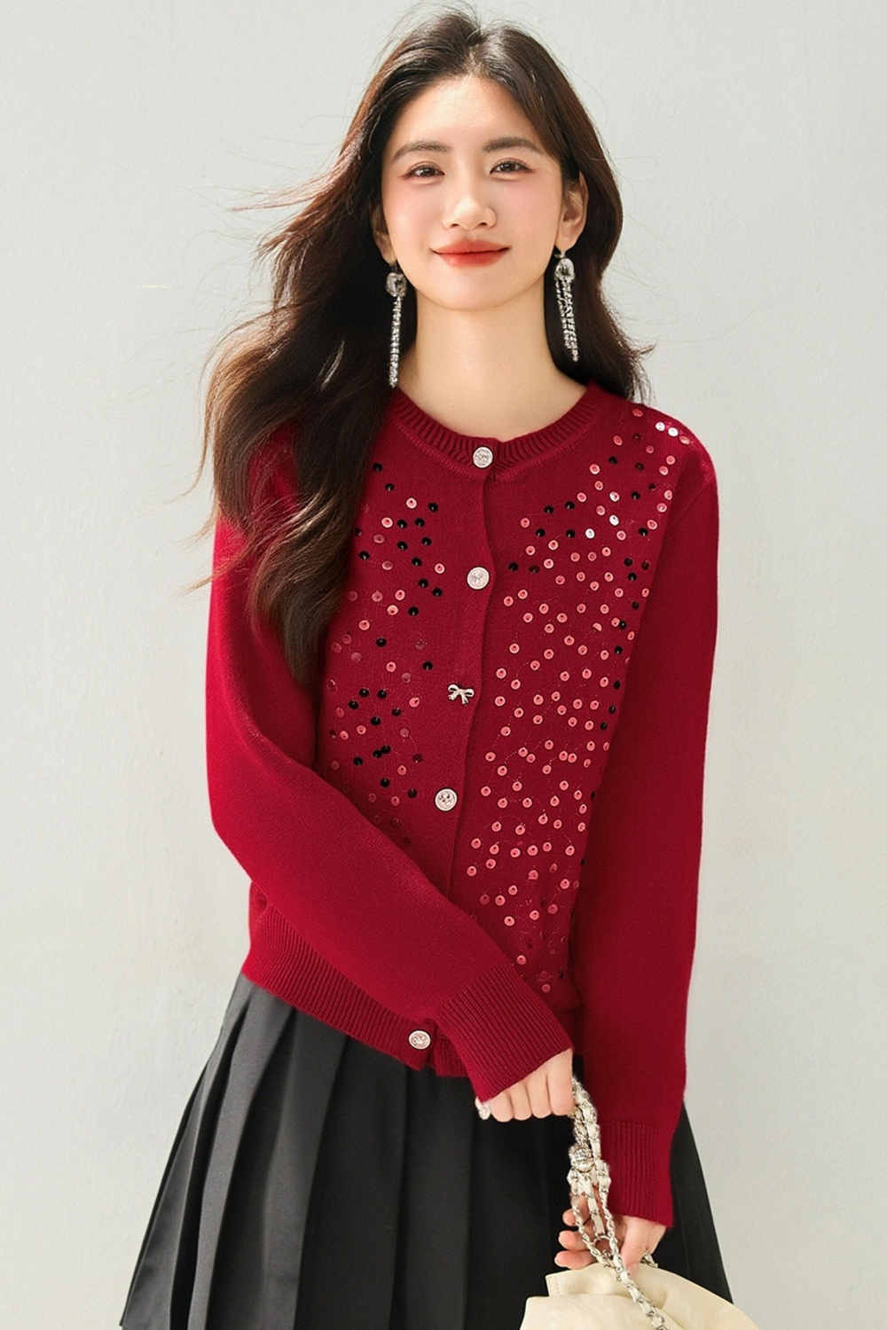 Temperament spring tops round neck knitted cardigan