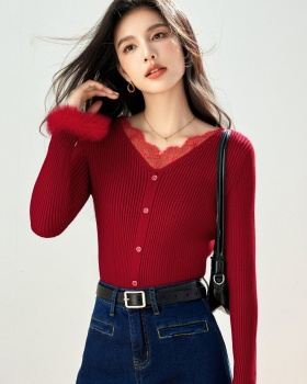 Temperament lace tops Pseudo-two sweater for women