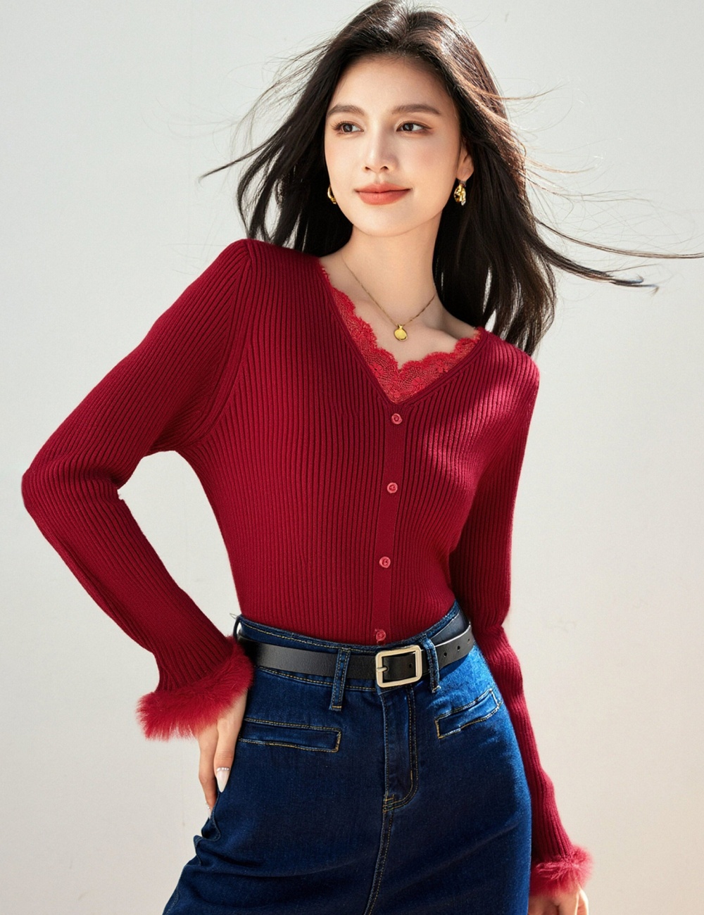 Temperament lace tops Pseudo-two sweater for women