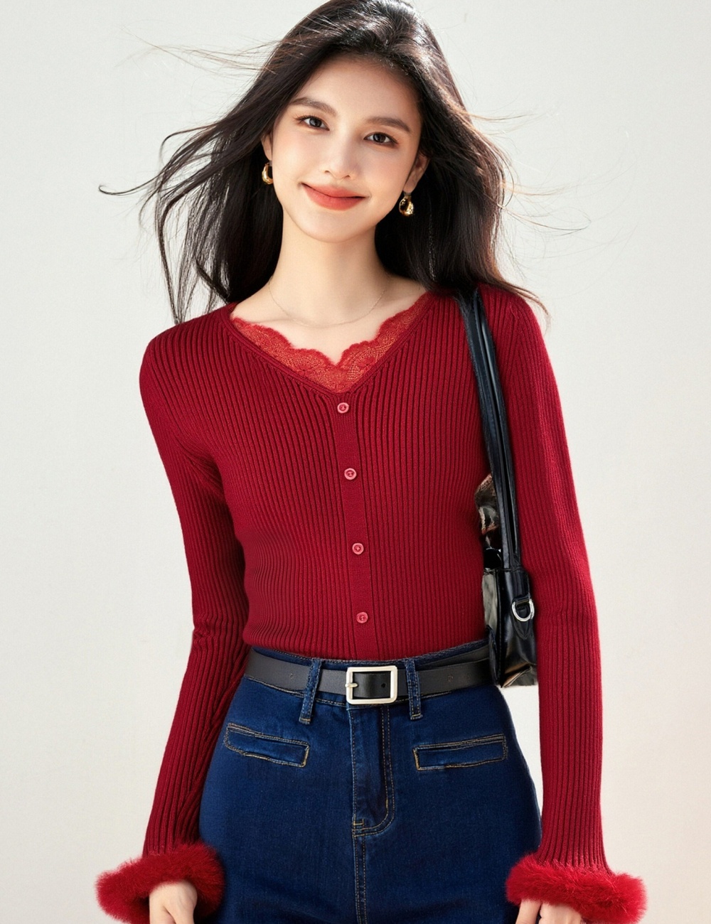 Temperament lace tops Pseudo-two sweater for women