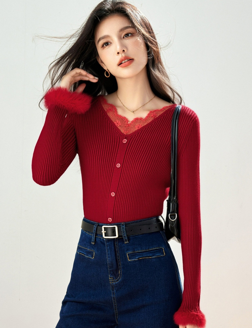 Temperament lace tops Pseudo-two sweater for women