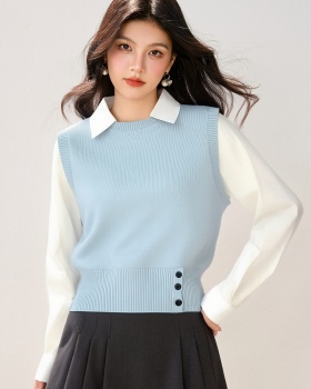 Splice fashion tops Pseudo-two long sleeve sweater for women