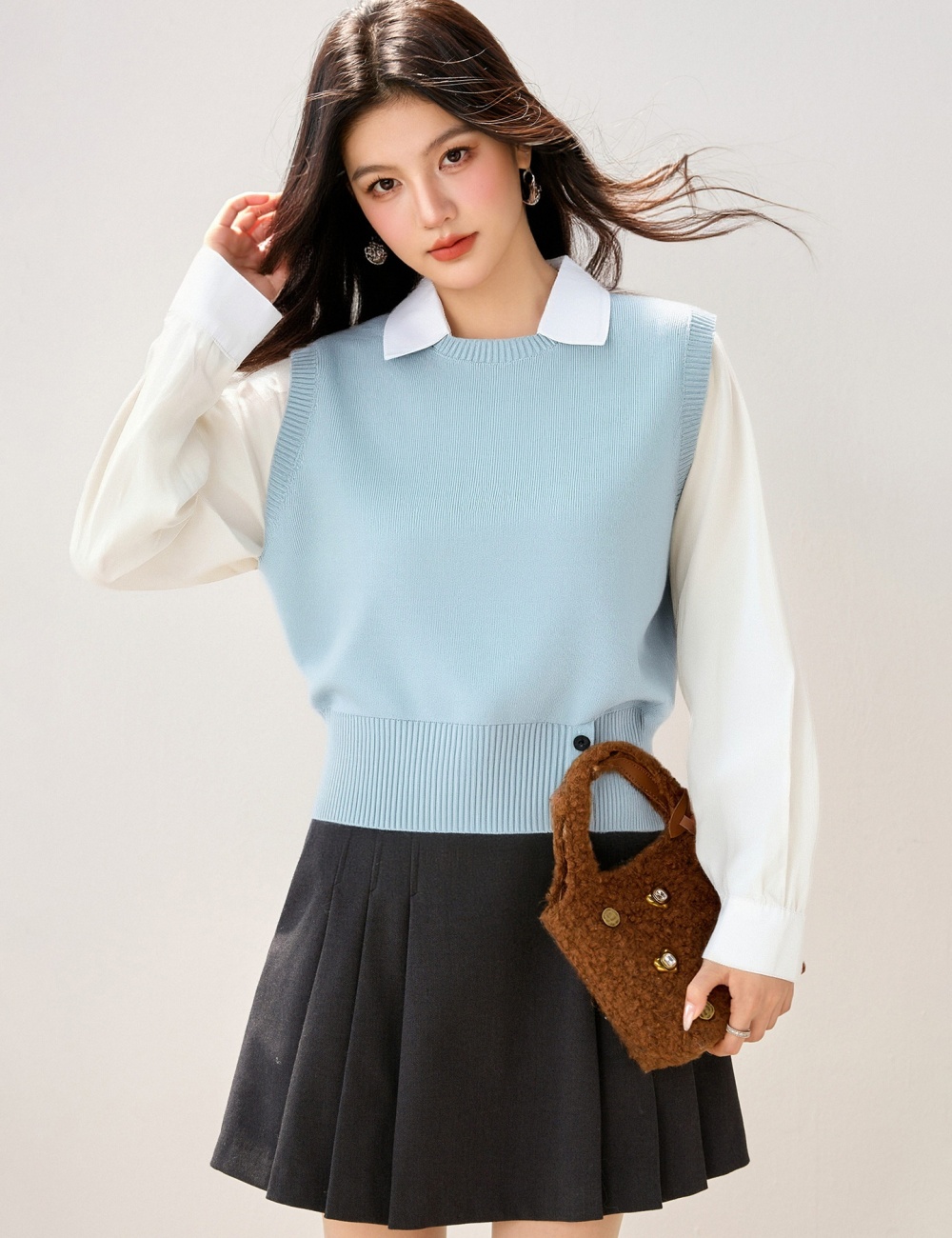 Splice fashion tops Pseudo-two long sleeve sweater for women