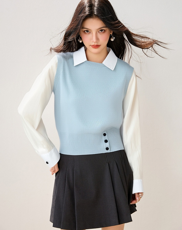 Splice fashion tops Pseudo-two long sleeve sweater for women