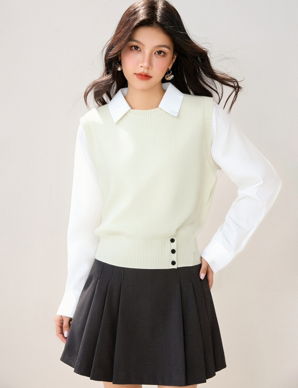 Splice fashion tops Pseudo-two long sleeve sweater for women