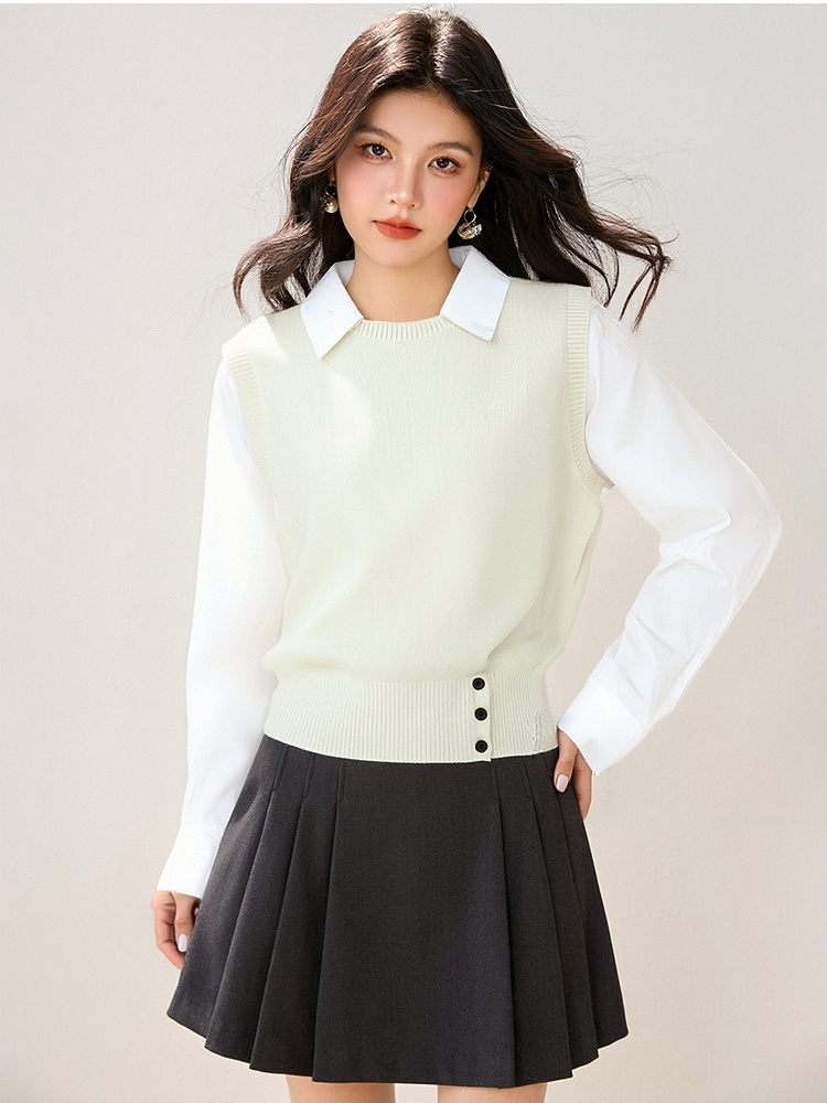 Splice fashion tops Pseudo-two long sleeve sweater for women