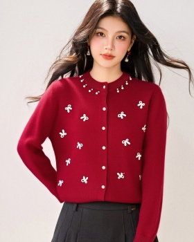 Spring loose bow sweater knitted round neck cardigan