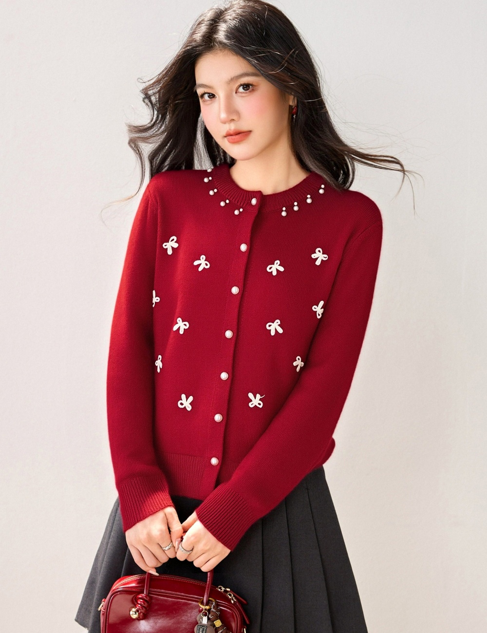 Spring loose bow sweater knitted round neck cardigan