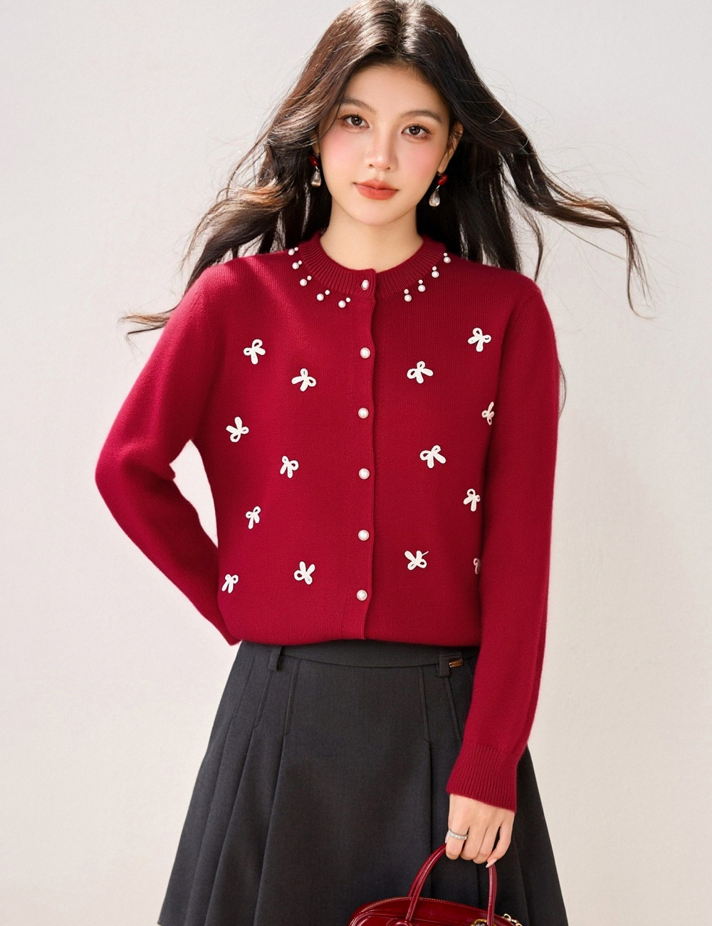 Spring loose bow sweater knitted round neck cardigan