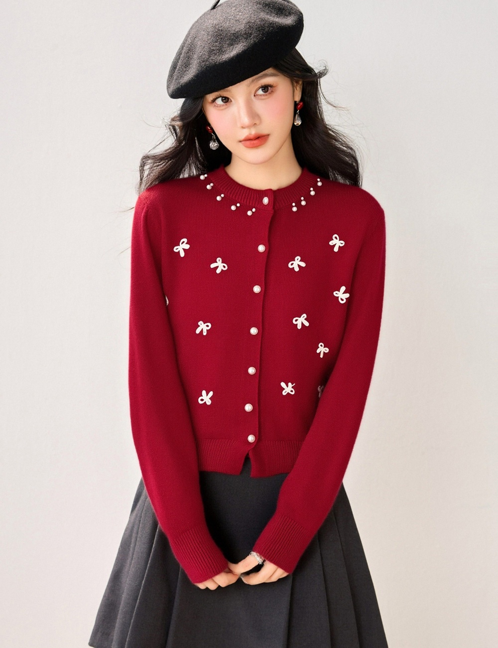 Spring loose bow sweater knitted round neck cardigan